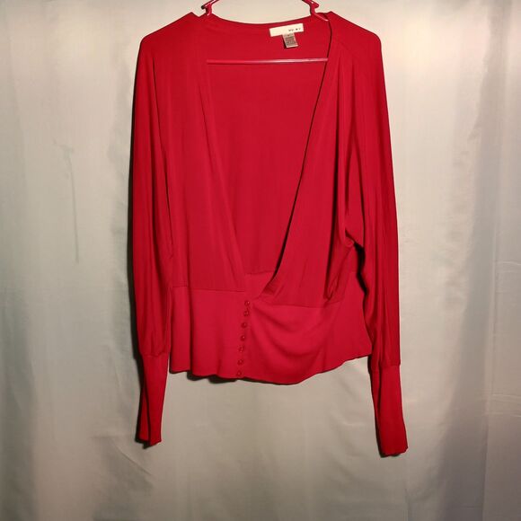 Red Deep V-Neck Blouse with Button Detail – Long Sleeve Wrap Style Top - Picture 1 of 5